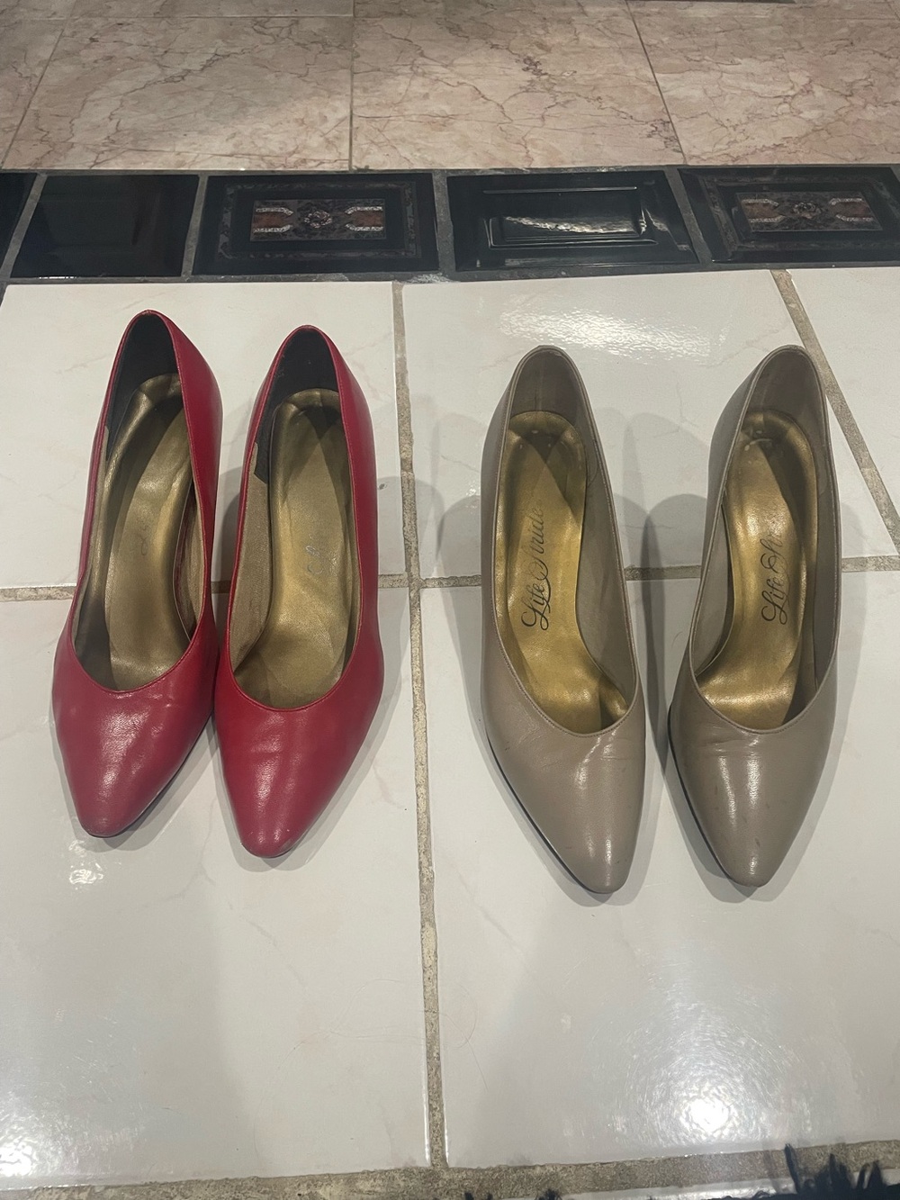 Classic Pointed-Toe Pumps in Red and Taupe — Women's Dress Heels